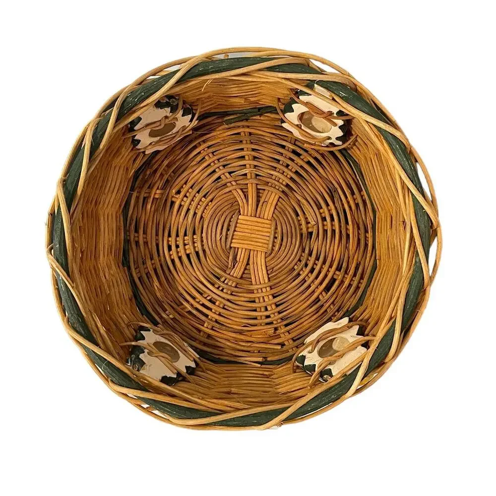 Decorative Round Wicker Holiday Basket with Ceramic Christmas Trees